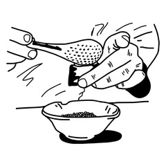 close-up hands of asian chef using spoon to put tobiko on sushi vector illustration sketch hand drawn with black lines, isolated on white background