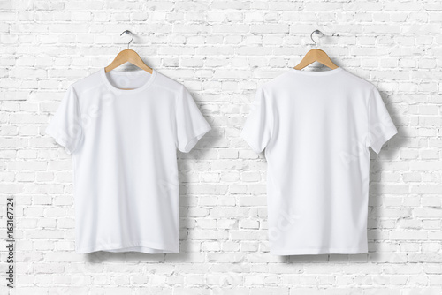 Blank White T Shirts Mock Up Hanging On White Wall Front And Rear Side View Ready To Replace Your Design Wall Mural Primemockup