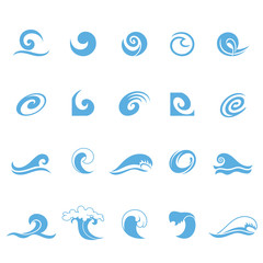 Vector blue wave icons set on white background. Water waves
