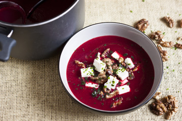 beetroot soup with walnuts and cheese