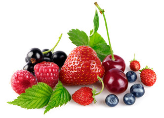 Plakat Organic berry fruity mix with green leaf. Healthy food fresh