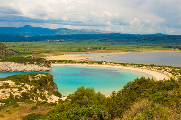 Fototapeta na wymiar Lagoon and beach of Voidokilia near Pylos town from a high point of view, Messenia, Greece