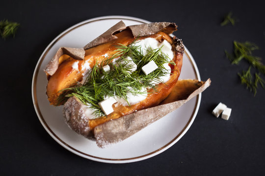 Baked Sweet Potato With Cheese And Dill