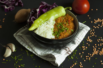 lentil dhal with rice and vegetable