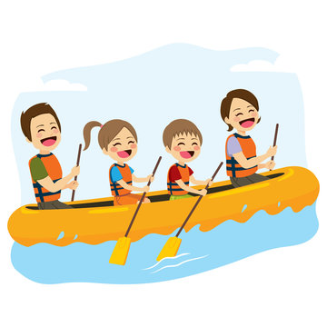 Young happy family rafting together in wild river