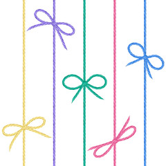 Vector set of colored linen string bows. Cute ribbons from hand drawn realistic flax cord colored in pink, purple, blue, green, yellow;