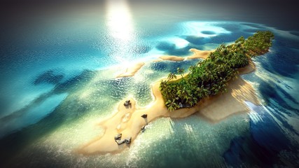 Small tropical island in Maldives atoll from aerial view 3d rendering
