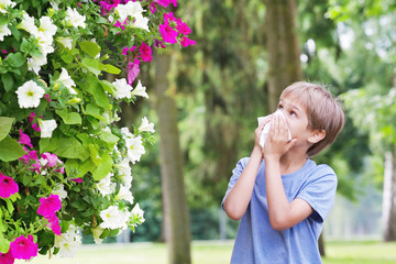 Allergy. Little boy is blowing his nose near tree in bloom.