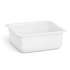 White Empty Blank Styrofoam Plastic Food Tray Container Box Opened, Cover. Illustration Isolated On White Background. Mock Up Template Ready For Your Design. Vector EPS10