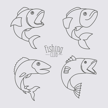 sketch silhouette types fish and logo text fishing club in center vector illustration