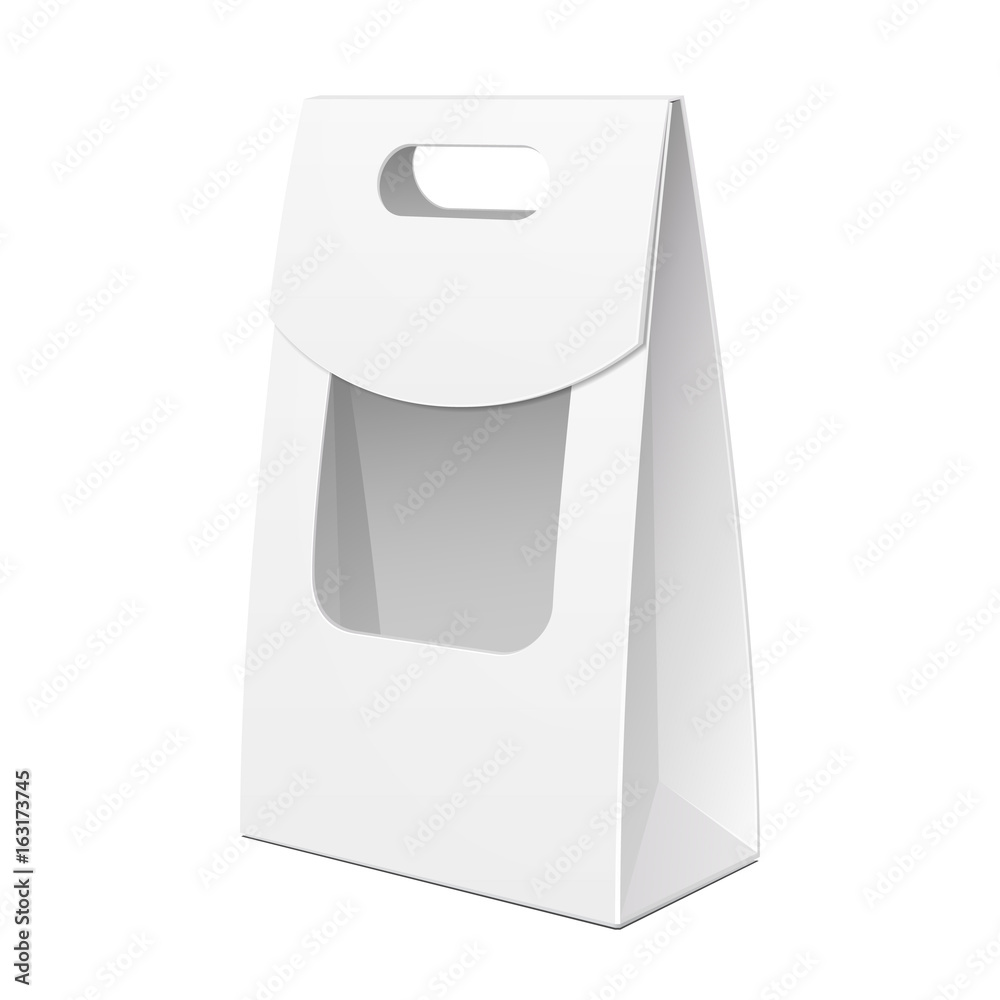 Sticker White Cardboard Carry Box Bag Packaging With Window And Handle For Food, Gift Products. Illustration Isolated On White Background. Mock Up Template Ready For Your Design. Product Packing Vector EPS10