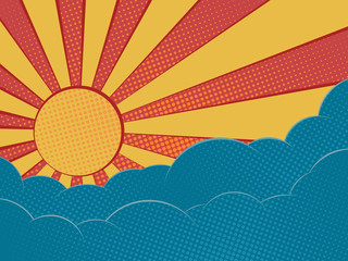 Orange sun and blue clouds in the style of pop art. Summer sky background.