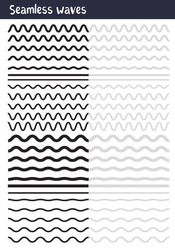 Vector big set of seamless wavy - curvy and zigzag - criss cross horizontal lines. Collection of different wave isolated on white background.