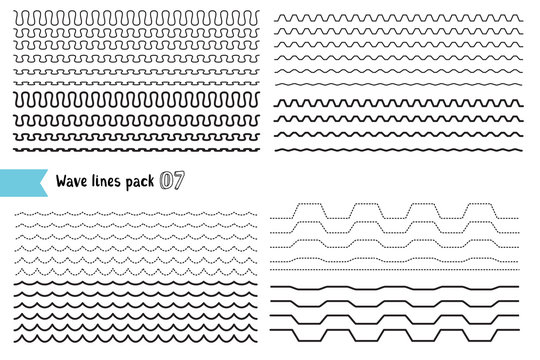 Vector collection of different wave with a very strong vibration amplitude and different line thicknesses. Big set of wavy - curvy and zigzag - criss cross horizontal lines.
