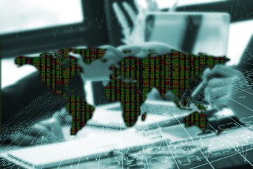 Finance, global financial markets concept, collage with stock market chart and forex data at world map background.