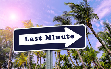 Fototapeta premium Last Minute arrow sign against palm tree background.