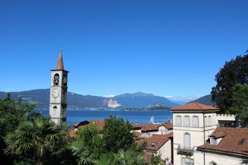 Belltower of Santi Filippo e Giacomo in Laveno at Lake Maggiore, Lombardy Italy 