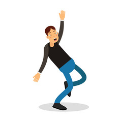 Young happy man in black pullover laughing with tears cartoon character vector Illustration