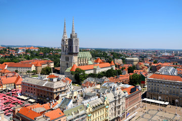Obraz premium Zagreb city centre with The Cathedral of the Assumption, Ban Jelacic Square and Dolac Market. 
