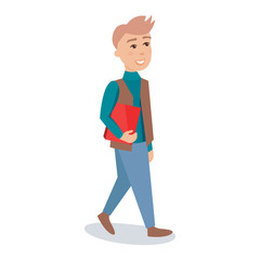 Male student walking with red book cartoon character vector Illustration