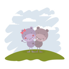 color scene sky landscape and grass with couple of hippos embraced vector illustration