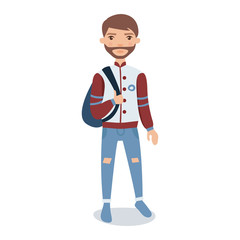 Obraz premium Bearded young man wearing baseball jacket standing with backpack cartoon character vector Illustration