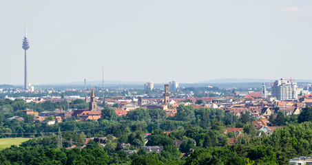 Panorama von Fürth und Nürnberg mit Fernsehturm bei blauen Himmel
