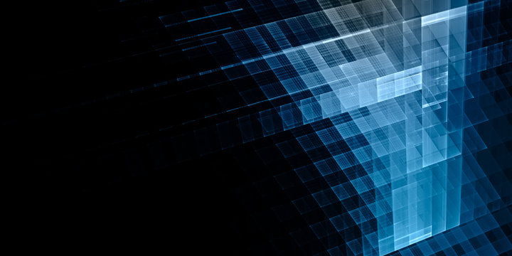 Abstract background. Fractal graphics series. Three-dimensional composition of textured grids. Wide format high resolution image. Blue and black colors.