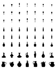 Black silhouettes of bowls, bottles and glasses, vector