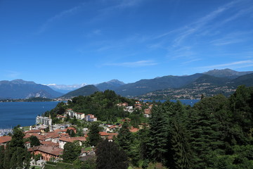 Fototapeta na wymiar Laveno Mombello at Lake Maggiore in summer, Lombardy Italy 