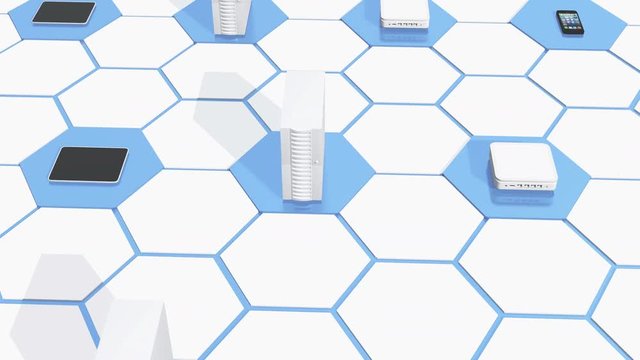 4k Row Of laptop & Network computer ervers,ipad & iphone on the abstract tech hexagon background,honeycomb.