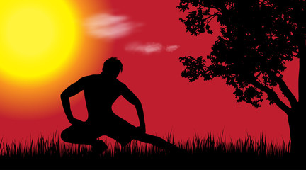 Vector silhouette of man in nature at sunset.