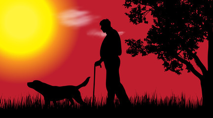Vector silhouette of old man with dog in nature at sunset.