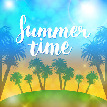 Summer poster with palm and lettering. Summer time