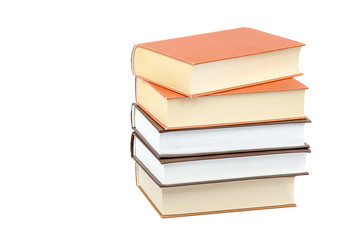 Books in a stack on white background.