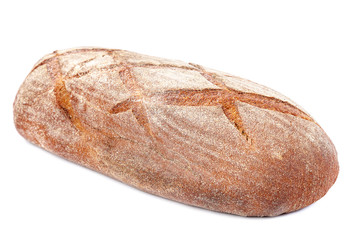 Rye and wheat bread loaf on white background.