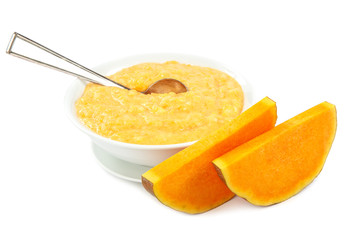 Pumpkin porridge on white background. Healthy eating.