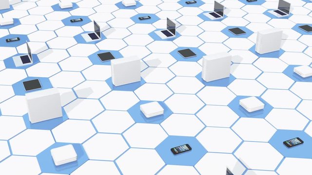 4k Row Of laptop & Network computer ervers,ipad & iphone on the abstract tech hexagon background,honeycomb.