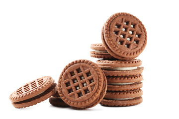 Chocolate cookies with cream isolated on a white
