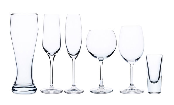 Collage of empty glass on white background