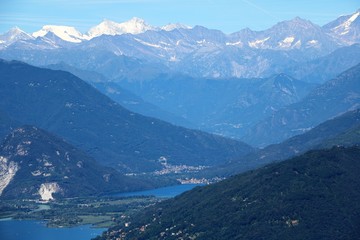 Panoramic view from Mount Sasso del Ferro in Laveno to the landscape of Lake Maggiore, Italy