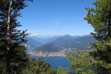 Panoramic view from Mount Sasso del Ferro in Laveno to landscape of Lake Maggiore, Italy