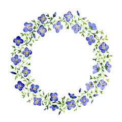 Watercolor floral frame. Blue small flowers  