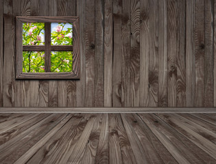 Room interior and magnolia tree outside the window