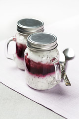 Yogurt with chia seeds and fruit filling, healthy breakfast concept
