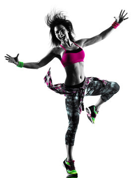 one caucasian woman zumba fitness exercises dancer dancing isolated in silhouette on white background