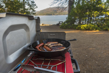 grilling brats and hot dogs by the lake - 163182964