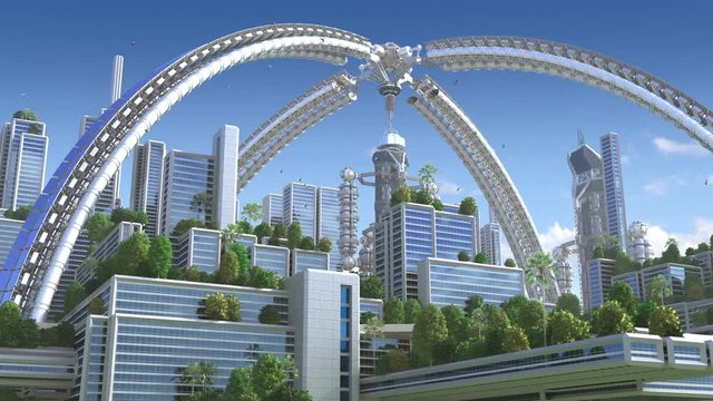 3D Animation of a futuristic "green" city with an arched structure and high rise buildings with terraces covered in vegetation, for environmental architecture backgrounds. 