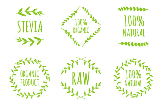 Vector Stevia, 100% Natural, Raw, Organic product labels, stickers, tags and shapes on white background. Nature food, cosmetic stains set