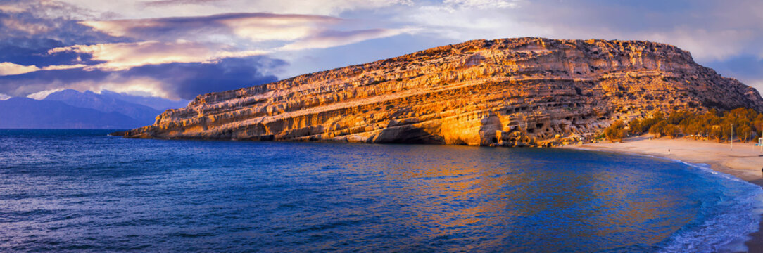 Famous beautiful beaches of Greece - Matala in Crete island